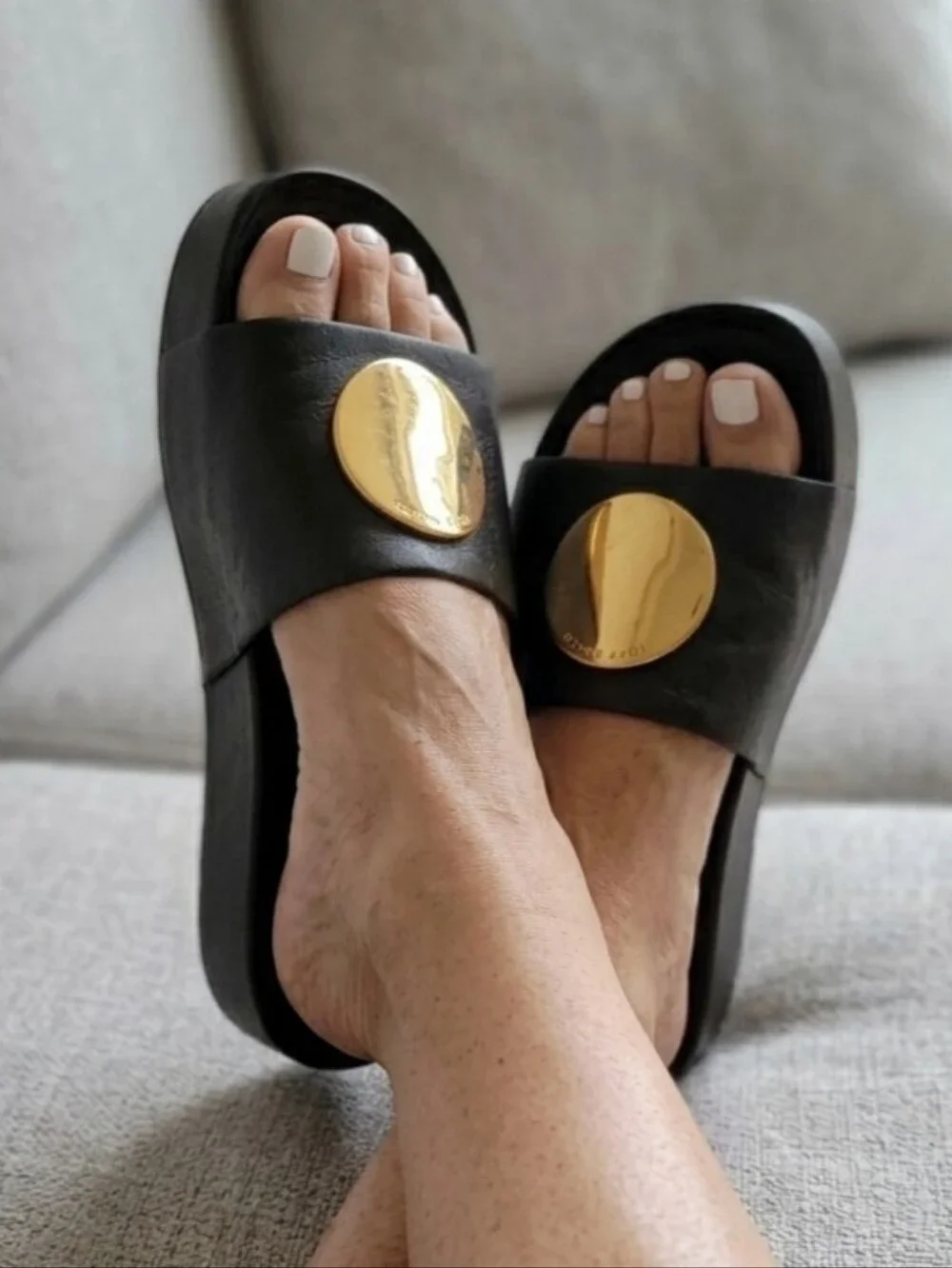 Tory Burch Patos Platform Sandals Slides Black Gold Size 7.5